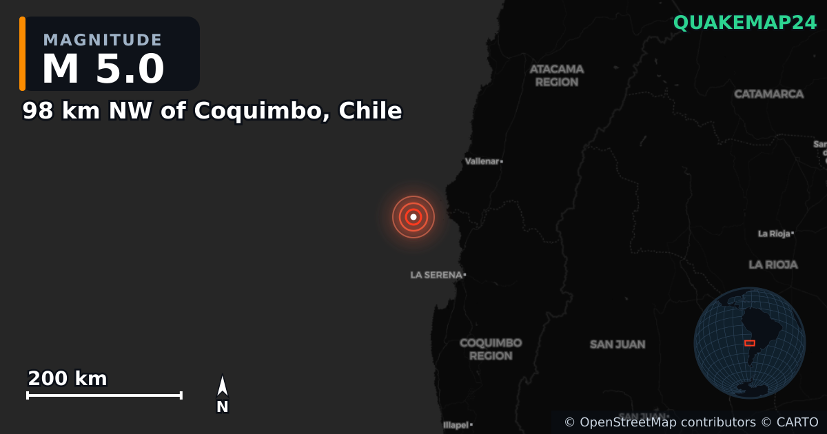 M5.0 earthquake near 98 km NW of Coquimbo, Chile on Jul 5, 2026 — map of epicenter and shaking intensity | QuakeMap24