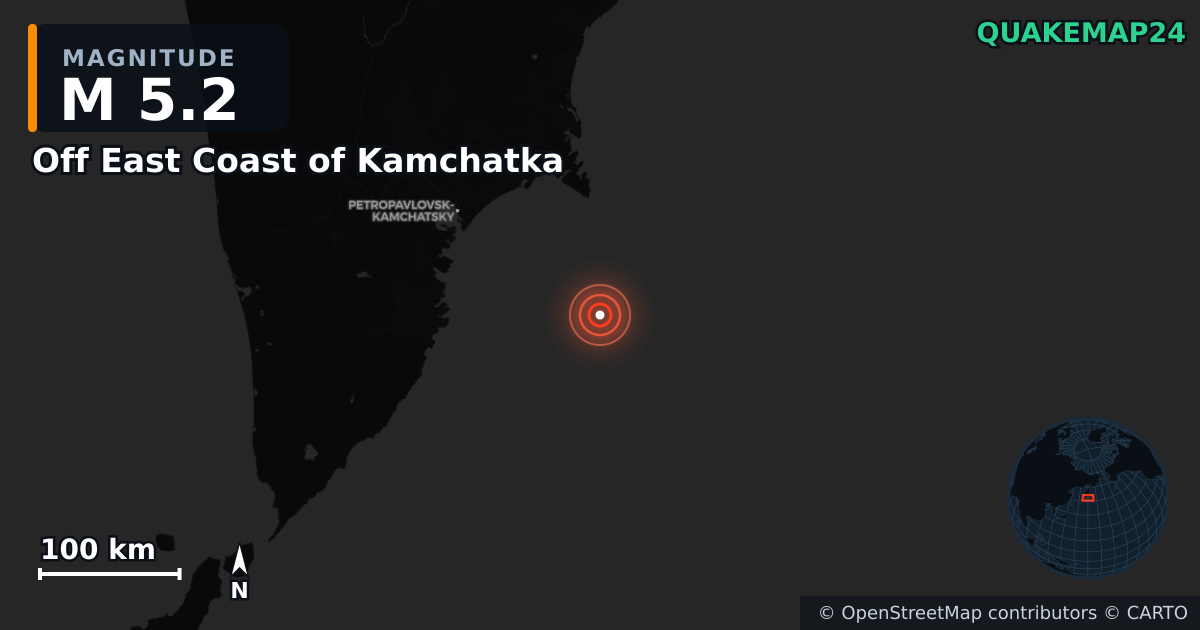 M5.2 earthquake near Off East Coast of Kamchatka on Sep 7, 2025 — map of epicenter and shaking intensity | QuakeMap24