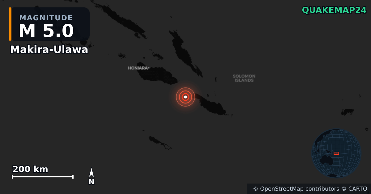 M5.0 earthquake near Makira-Ulawa on Dec 21, 2025 — map of epicenter and shaking intensity | QuakeMap24