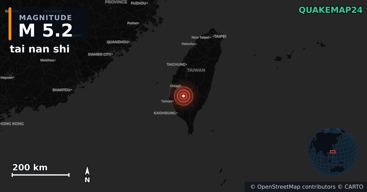M5.2 earthquake near tai nan shi on Aug 22, 2025 — map of epicenter and shaking intensity | QuakeMap24