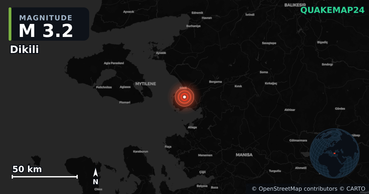 M3.2 earthquake near Dikili on Oct 25, 2025 — map of epicenter and shaking intensity | QuakeMap24