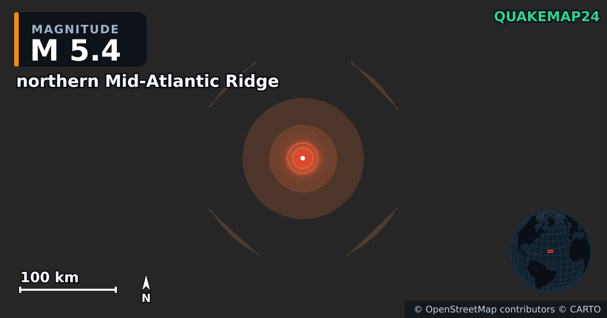Erdbeben M5,4 bei northern Mid-Atlantic Ridge — Karte der Lage des Epizentrums