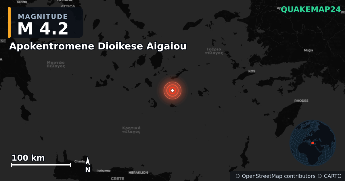 M4.2 earthquake near Apokentromene Dioikese Aigaiou on Jun 20, 2025 — map of epicenter and shaking intensity | QuakeMap24