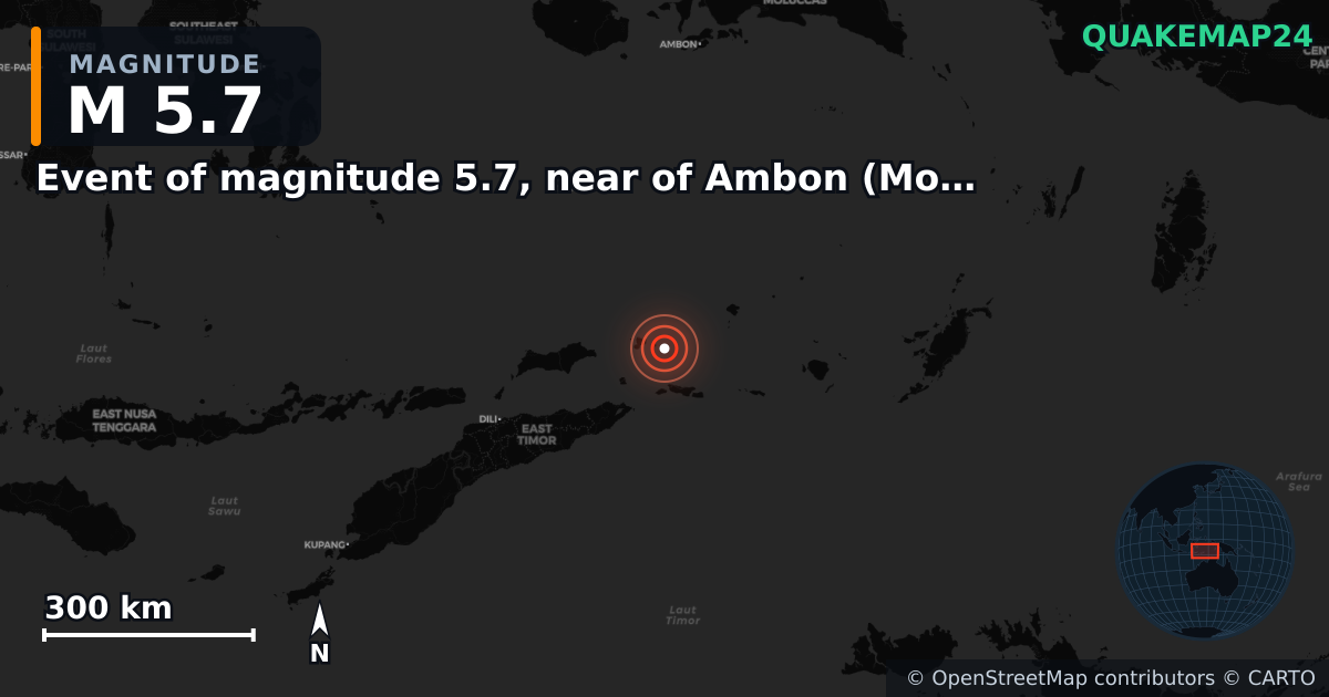 M5.7 earthquake near Event of magnitude 5.7, near of Ambon (Monde) on Mar 28, 2026 — map of epicenter and shaking intensity | QuakeMap24