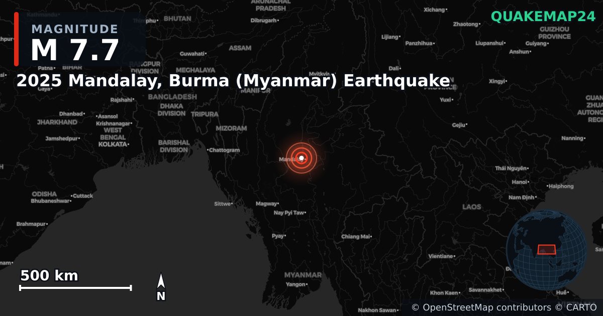 M7.7 earthquake near 2025 Mandalay, Burma (Myanmar) Earthquake on Mar 28, 2025 — map of epicenter and shaking intensity | QuakeMap24