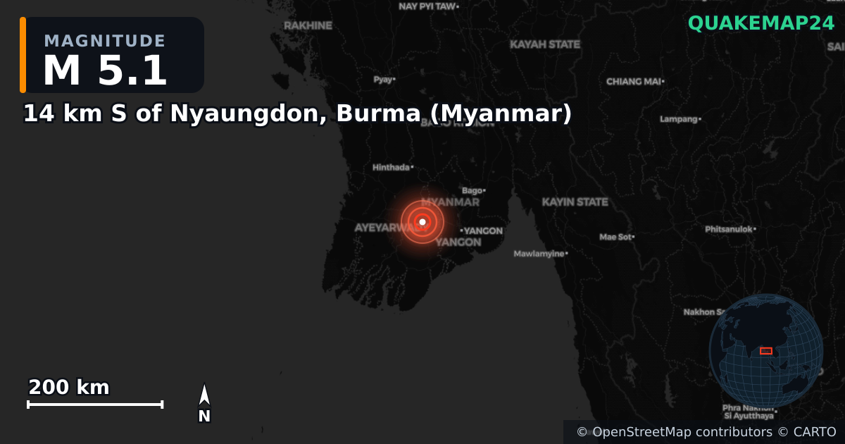 M5.1 earthquake near 14 km S of Nyaungdon, Burma (Myanmar) on Mar 4, 2025 — map of epicenter and shaking intensity | QuakeMap24
