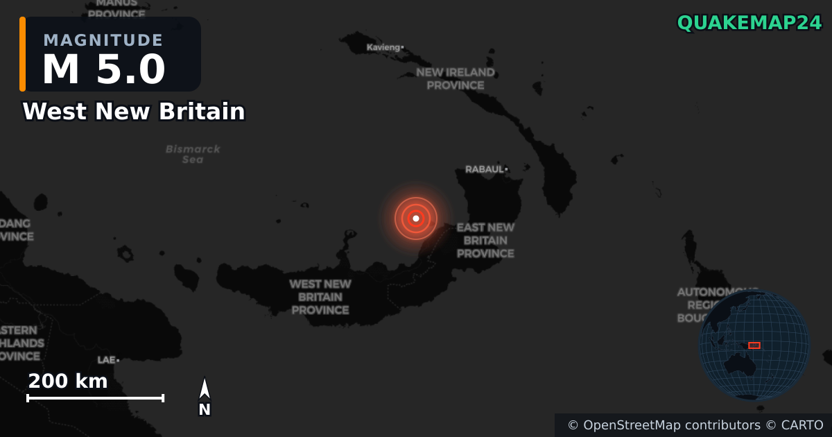M5.0 earthquake near West New Britain on Jun 12, 2025 — map of epicenter and shaking intensity | QuakeMap24