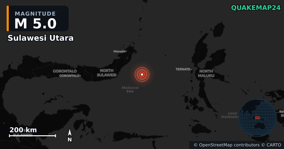 M5.0 earthquake near Sulawesi Utara on Jul 24, 2025 — map of epicenter and shaking intensity | QuakeMap24