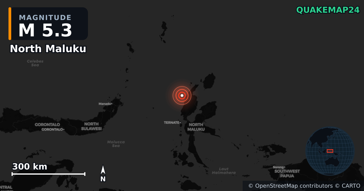 M5.3 earthquake near North Maluku on Aug 5, 2026 — map of epicenter and shaking intensity | QuakeMap24