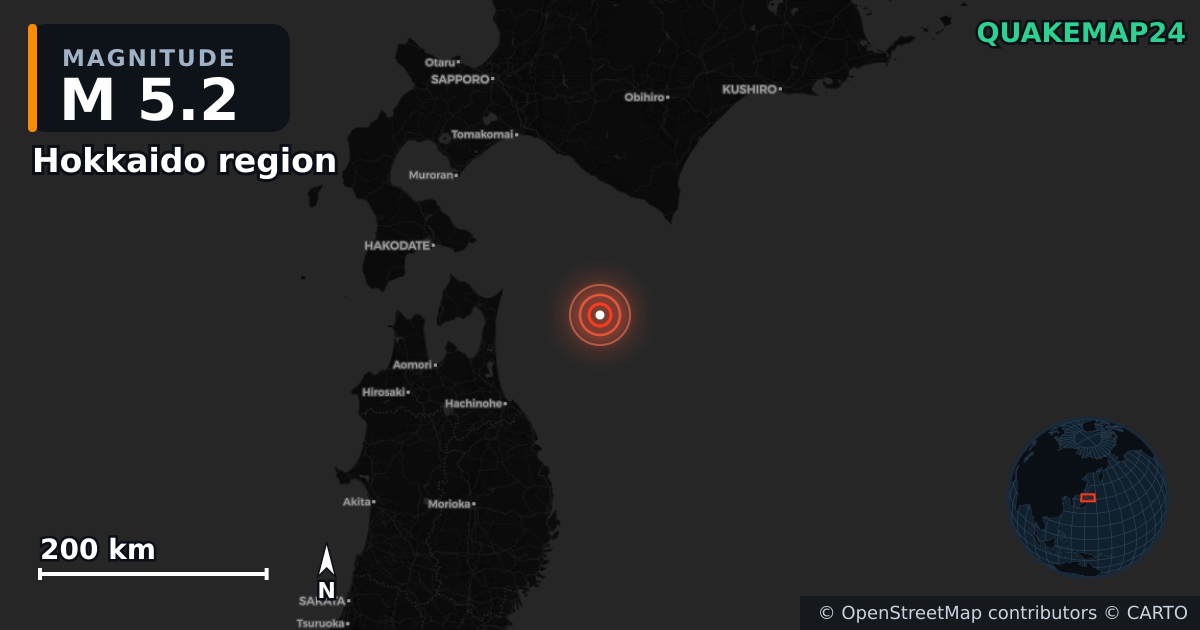 M5.2 earthquake near Hokkaido region on Dec 12, 2025 — map of epicenter and shaking intensity | QuakeMap24