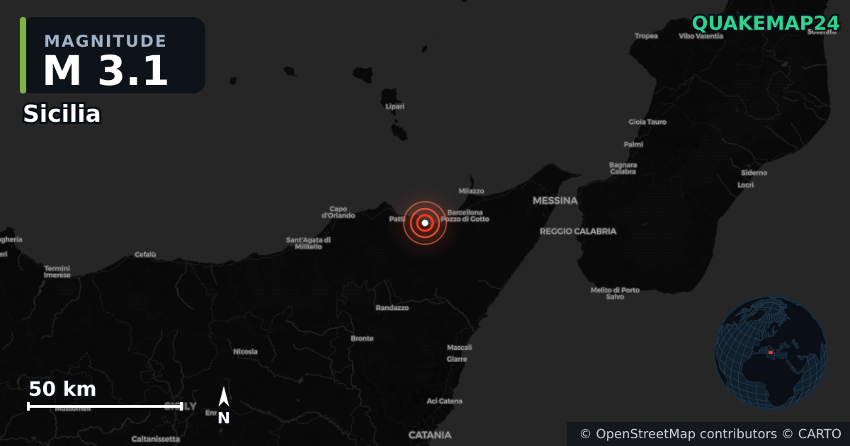 M3.1 earthquake near Sicilia on Oct 4, 2025 — map of epicenter and shaking intensity | QuakeMap24