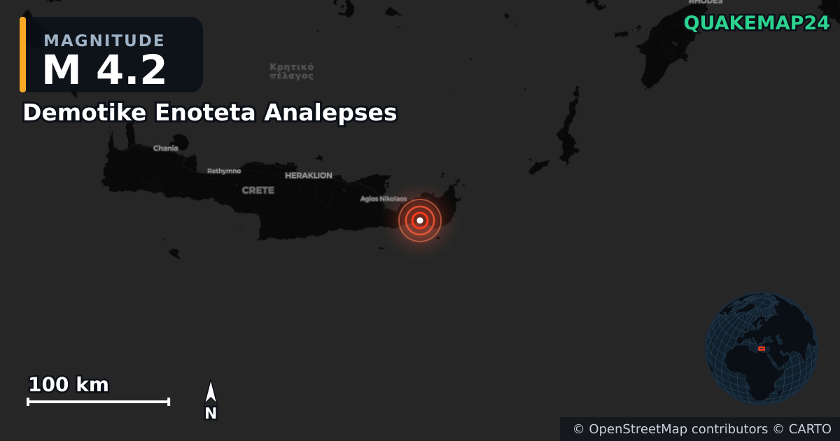 M4.2 earthquake near Demotike Enoteta Analepses on Apr 24, 2026 — map of epicenter and shaking intensity | QuakeMap24