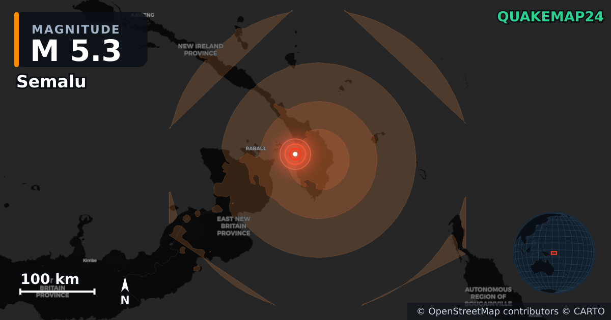 M5.3 earthquake near Semalu on Jun 25, 2026 — map of epicenter and shaking intensity | QuakeMap24