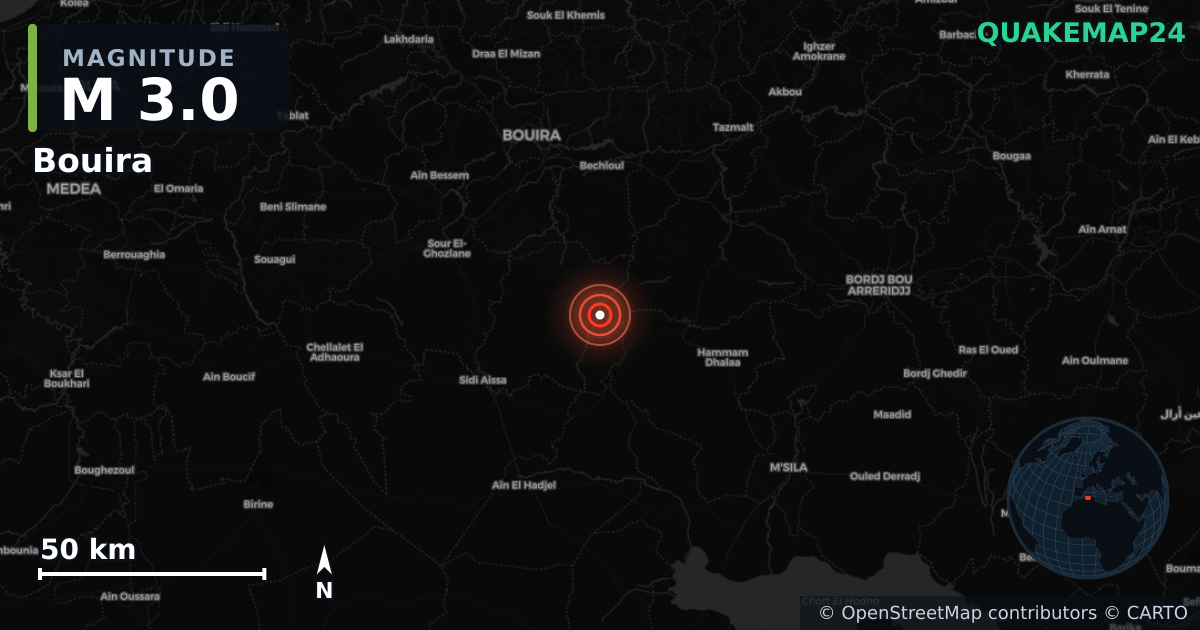 M3.0 earthquake near Bouira on Oct 19, 2025 — map of epicenter and shaking intensity | QuakeMap24