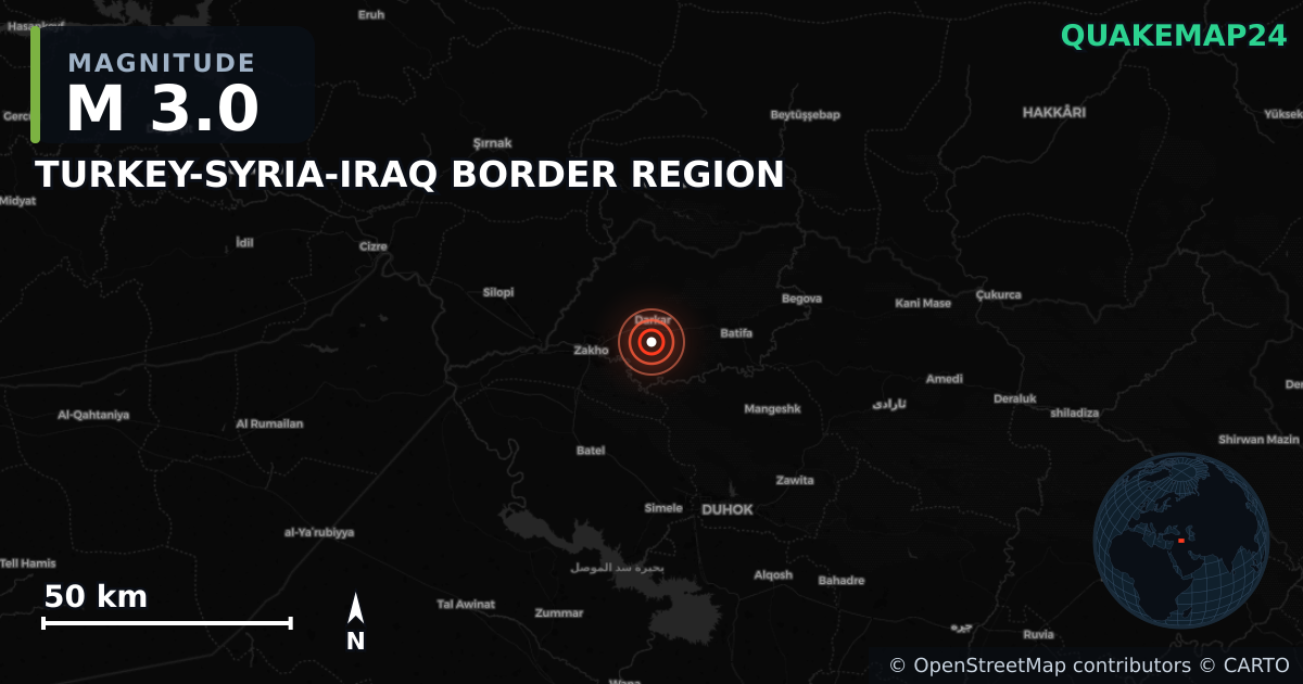 M3.0 earthquake near TURKEY-SYRIA-IRAQ BORDER REGION on Jul 19, 2025 — map of epicenter and shaking intensity | QuakeMap24