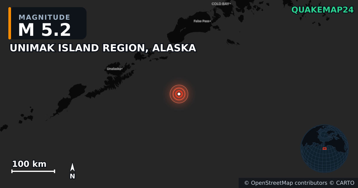 M5.2 earthquake near UNIMAK ISLAND REGION, ALASKA on May 23, 2025 — map of epicenter and shaking intensity | QuakeMap24