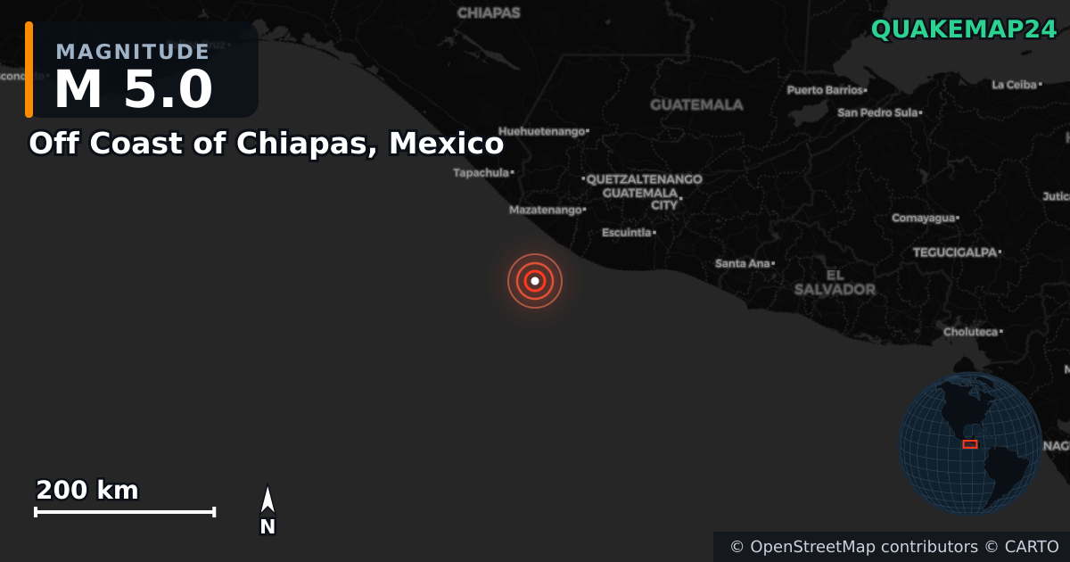 Off Coast of Chiapas, Mexico yakınında M5,0 deprem — Deprem merkez üssünün konumunu gösteren harita