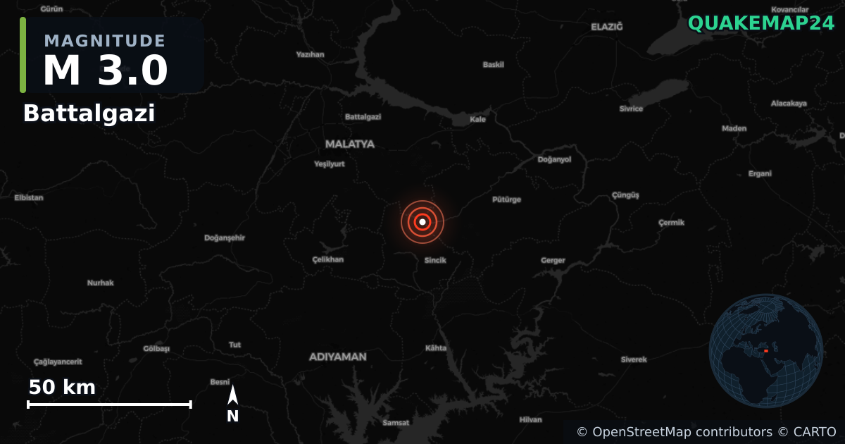 M3.0 earthquake near Battalgazi on Nov 1, 2025 — map of epicenter and shaking intensity | QuakeMap24