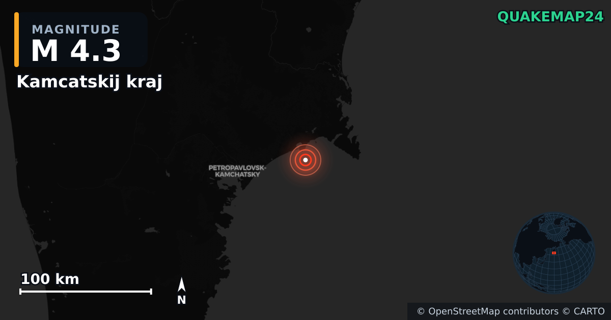 M4.3 earthquake near Kamcatskij kraj on Sep 14, 2025 — map of epicenter and shaking intensity | QuakeMap24