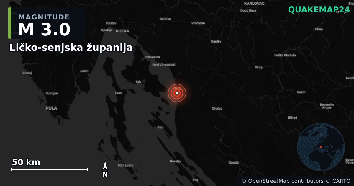 M3.0 earthquake near Ličko-senjska županija on Mar 18, 2026 — map of epicenter and shaking intensity | QuakeMap24