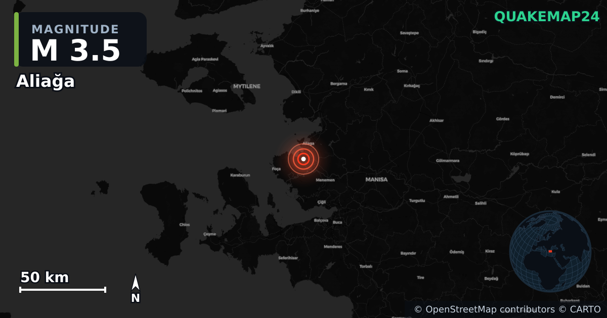 M3.5 earthquake near Aliağa on Jan 11, 2026 — map of epicenter and shaking intensity | QuakeMap24
