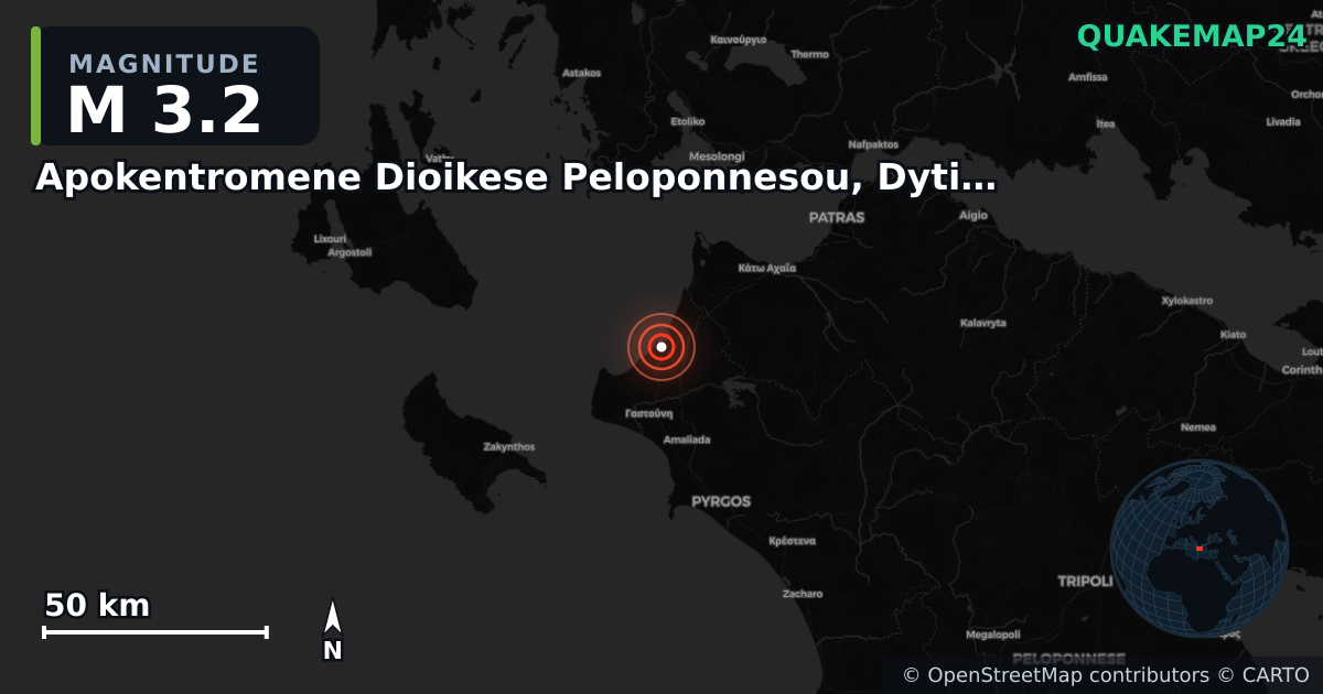 M3.2 earthquake near Apokentromene Dioikese Peloponnesou, Dytikes Elladas kai Ioniou on Jun 4, 2025 — map of epicenter and shaking intensity | QuakeMap24