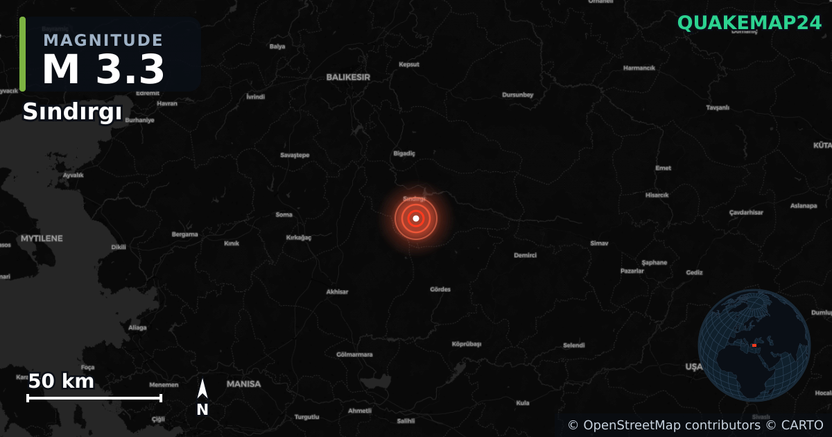 M3.3 earthquake near Sındırgı on Sep 8, 2025 — map of epicenter and shaking intensity | QuakeMap24