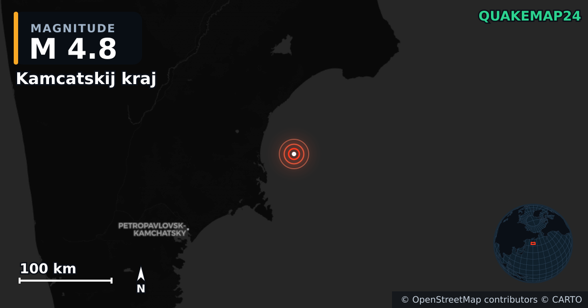 M4.8 earthquake near Kamcatskij kraj on Nov 23, 2025 — map of epicenter and shaking intensity | QuakeMap24