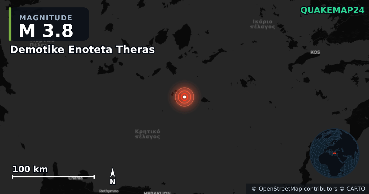 M3.8 earthquake near Demotike Enoteta Theras on Jan 11, 2026 — map of epicenter and shaking intensity | QuakeMap24