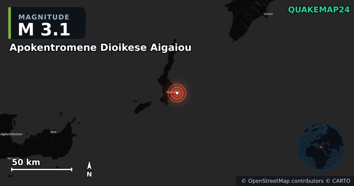M3.1 earthquake near Apokentromene Dioikese Aigaiou on Aug 24, 2025 — map of epicenter and shaking intensity | QuakeMap24
