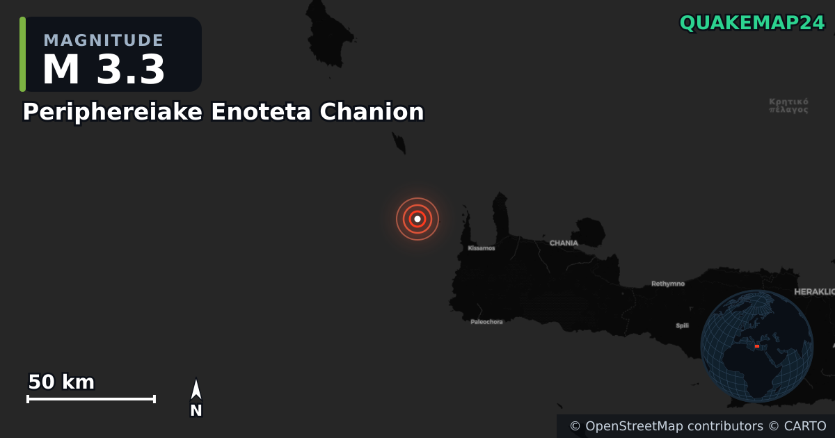 M3.3 earthquake near Periphereiake Enoteta Chanion on Sep 18, 2025 — map of epicenter and shaking intensity | QuakeMap24