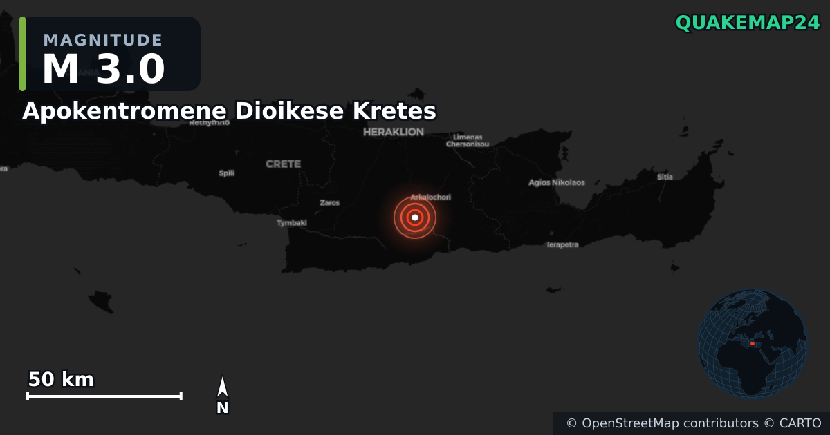 M3.0 earthquake near Apokentromene Dioikese Kretes on May 31, 2025 — map of epicenter and shaking intensity | QuakeMap24