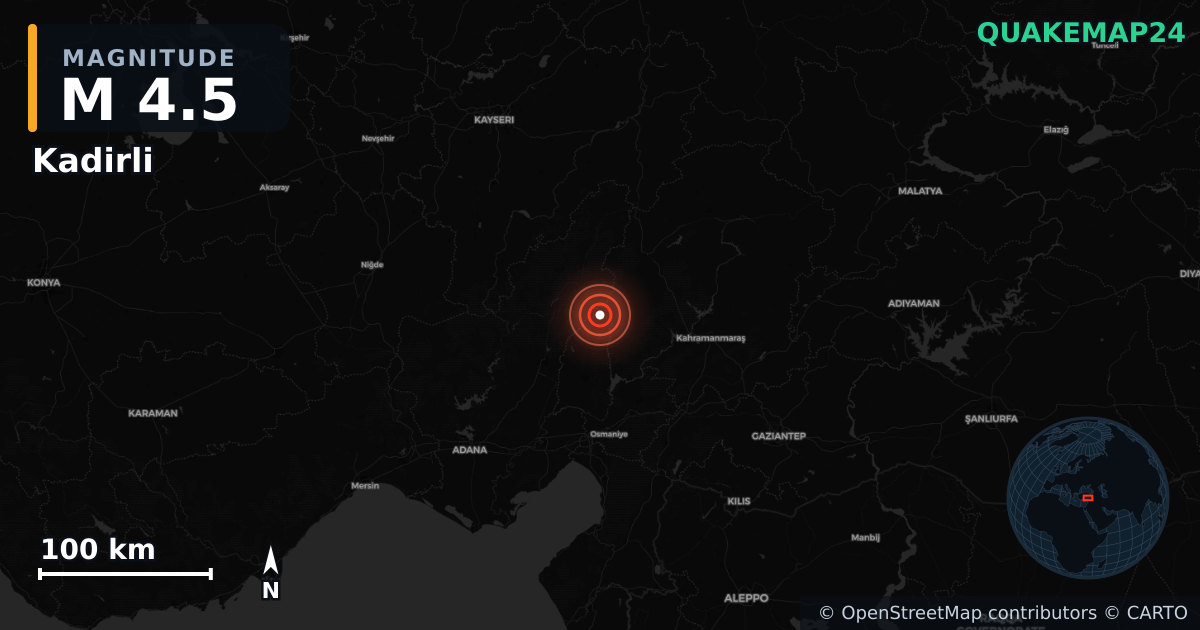 M4.5 earthquake near Kadirli on May 24, 2026 — map of epicenter and shaking intensity | QuakeMap24