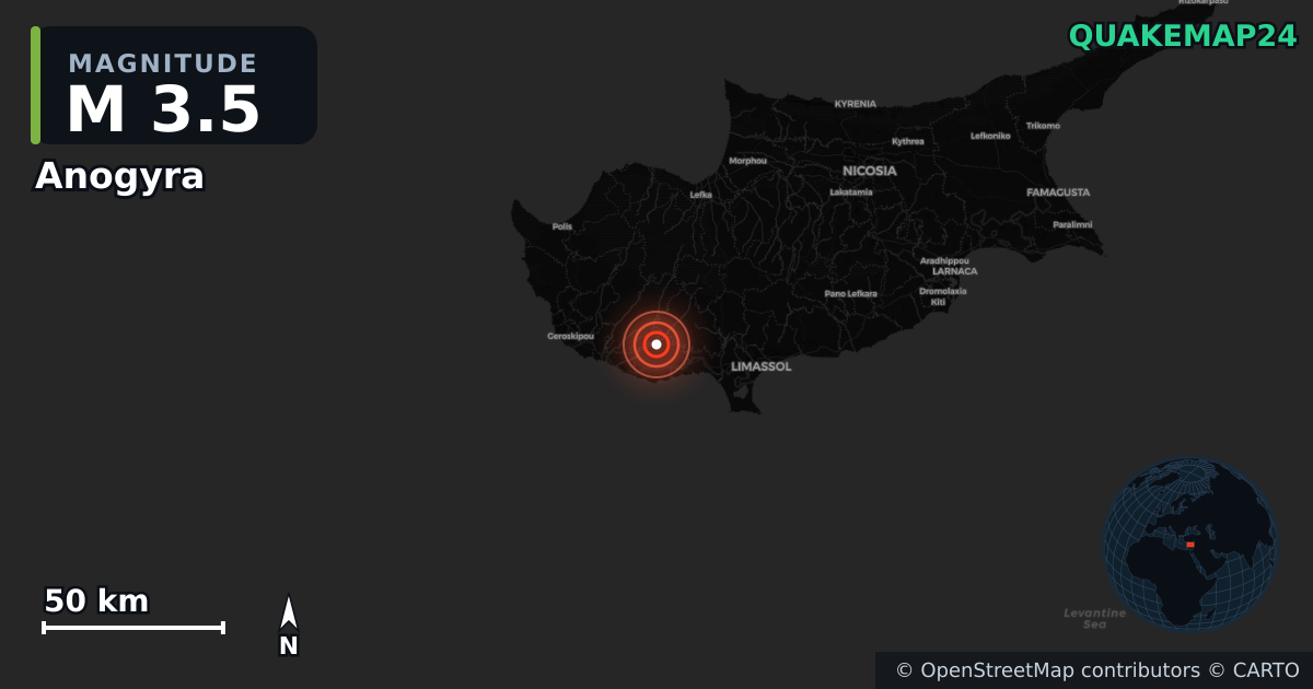 M3.5 earthquake near Anogyra on Dec 3, 2025 — map of epicenter and shaking intensity | QuakeMap24