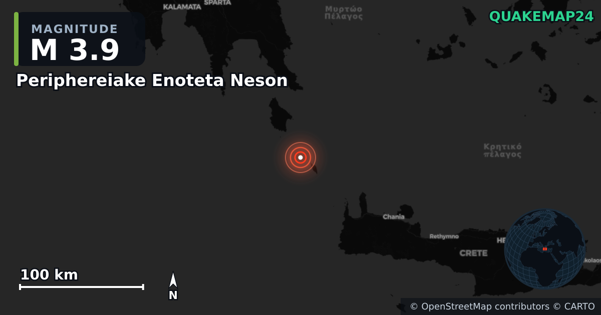 M3.9 earthquake near Periphereiake Enoteta Neson on Feb 6, 2026 — map of epicenter and shaking intensity | QuakeMap24