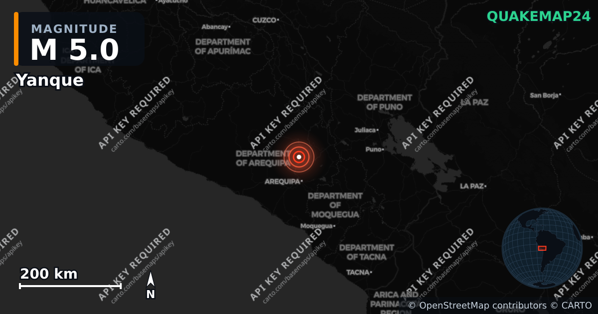 M5.0 earthquake near Yanque on Jun 17, 2026 — map of epicenter and shaking intensity | QuakeMap24