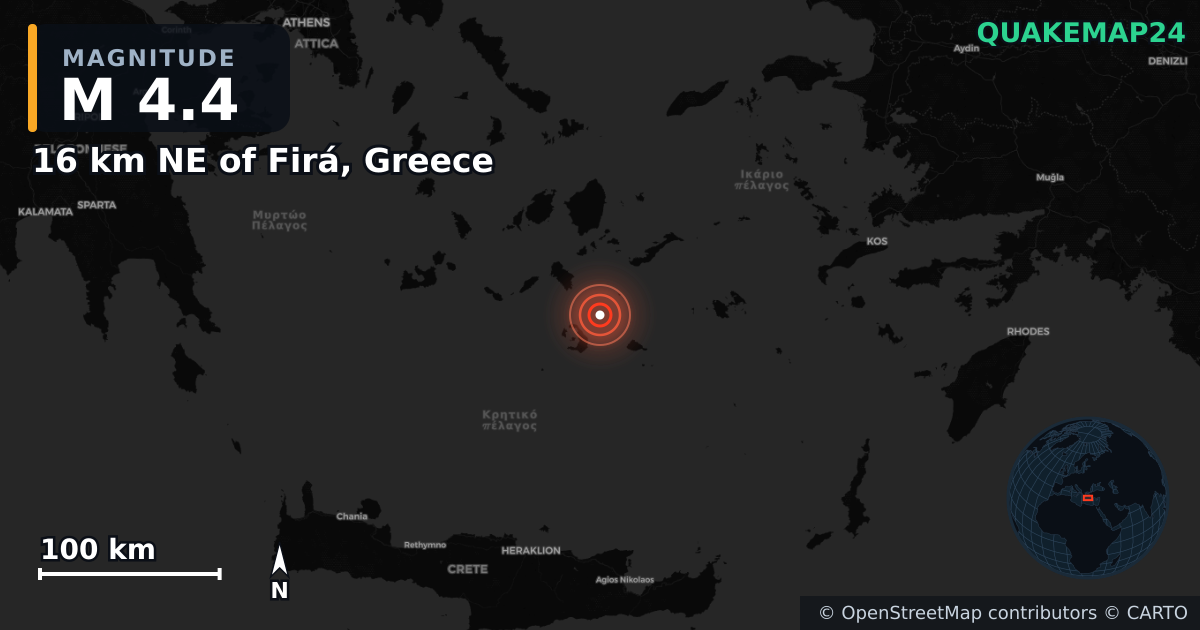M4.4 earthquake near 16 km NE of Firá, Greece on Feb 9, 2025 — map of epicenter and shaking intensity | QuakeMap24