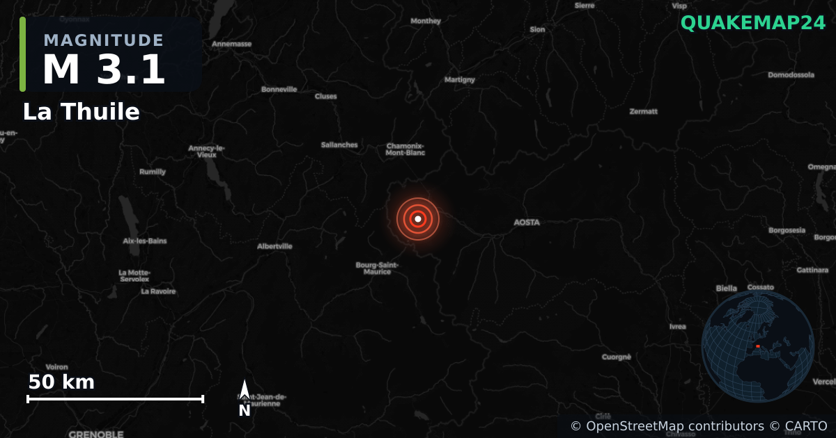 M3.1 earthquake near La Thuile on Jan 12, 2026 — map of epicenter and shaking intensity | QuakeMap24