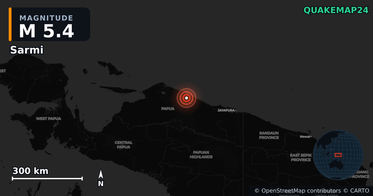 M5.4 earthquake near Sarmi on Feb 24, 2026 — map of epicenter and shaking intensity | QuakeMap24