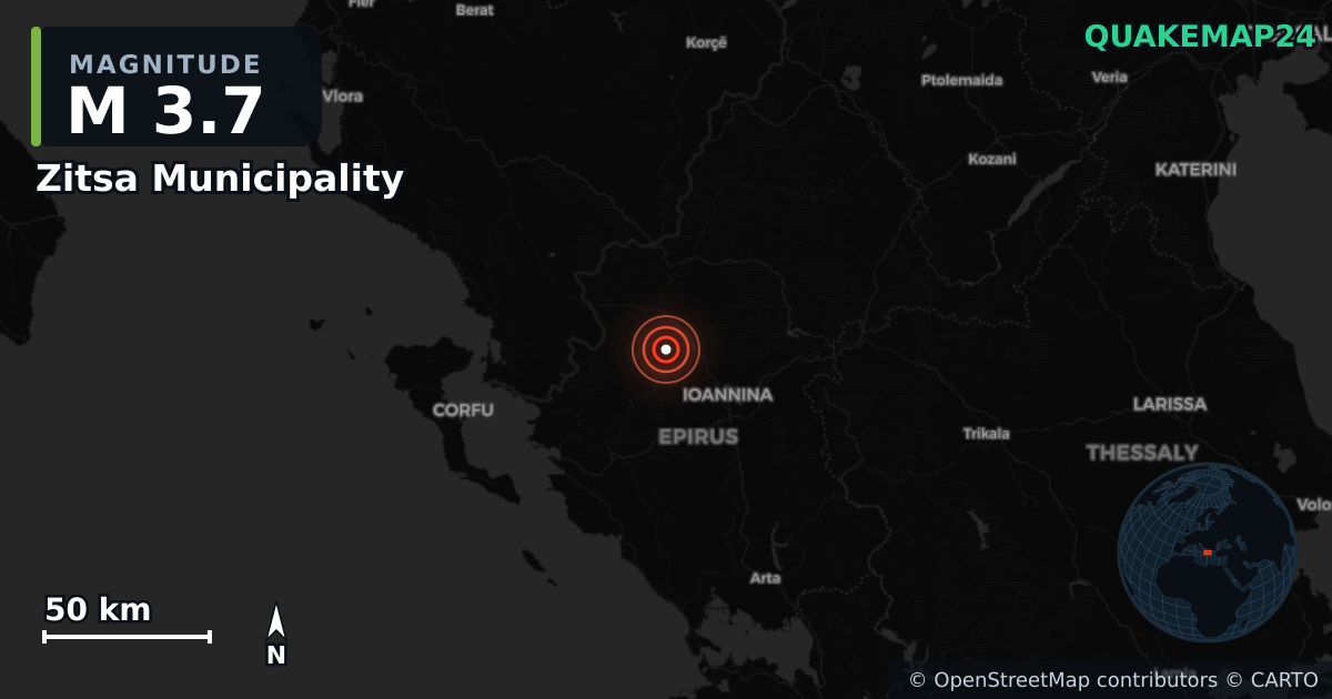 Zitsa Municipality, Epirus (Yunanistan) yakınında M3,7 deprem · 2026-09-20 — Deprem merkez üssünün konumunu gösteren harita