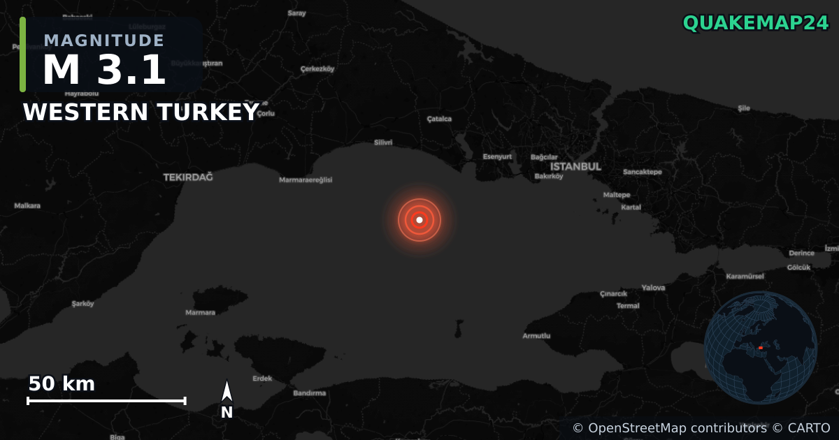 M3.1 earthquake near WESTERN TURKEY on Apr 23, 2025 — map of epicenter and shaking intensity | QuakeMap24