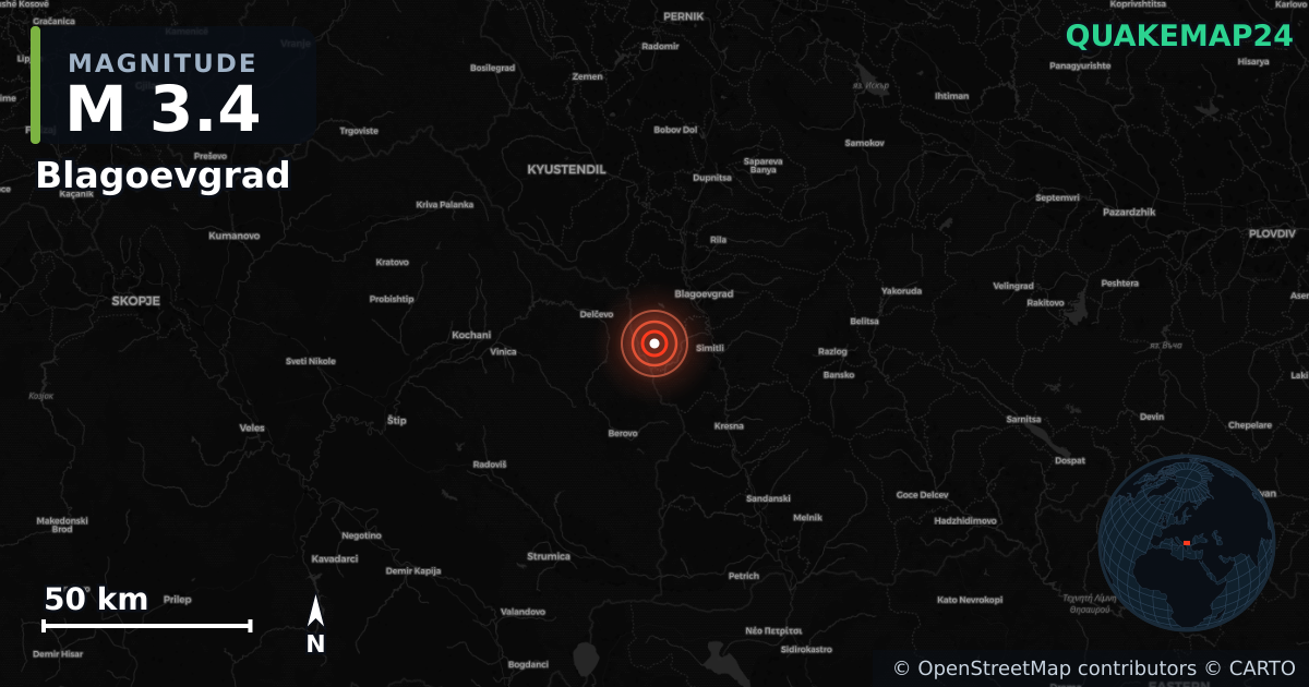 M3.4 earthquake near Blagoevgrad on Nov 17, 2025 — map of epicenter and shaking intensity | QuakeMap24