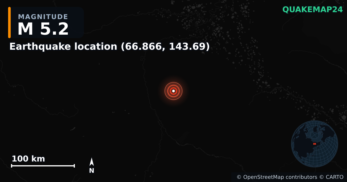 M5.2 earthquake near Deprem konumu (66.866, 143.69) on Nov 4, 2025 — map of epicenter and shaking intensity | QuakeMap24