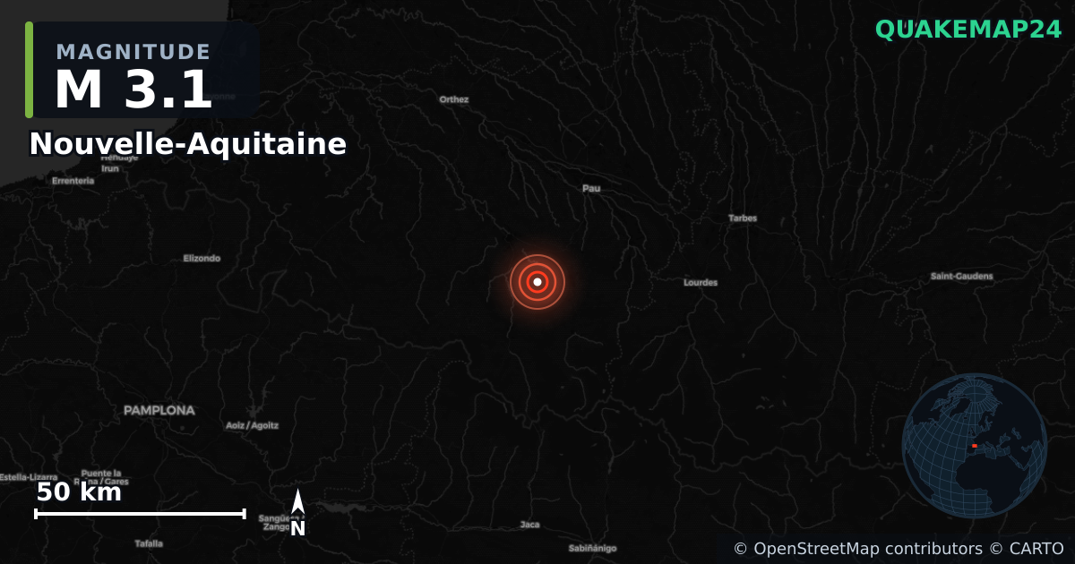 M3.1 earthquake near Nouvelle-Aquitaine on Oct 12, 2025 — map of epicenter and shaking intensity | QuakeMap24