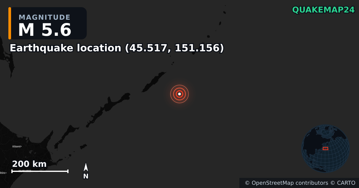 M5.6 earthquake near Τοποθεσία σεισμού (45.517, 151.156) on Feb 11, 2026 — map of epicenter and shaking intensity | QuakeMap24