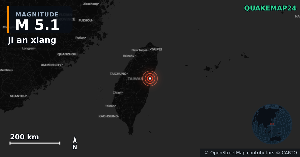 M5.1 earthquake near ji an xiang on Oct 7, 2025 — map of epicenter and shaking intensity | QuakeMap24