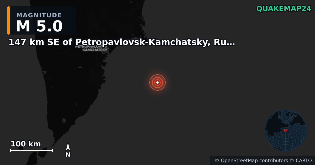 M5.0 earthquake near 147 km SE of Petropavlovsk-Kamchatsky, Russia on Jul 30, 2025 — map of epicenter and shaking intensity | QuakeMap24