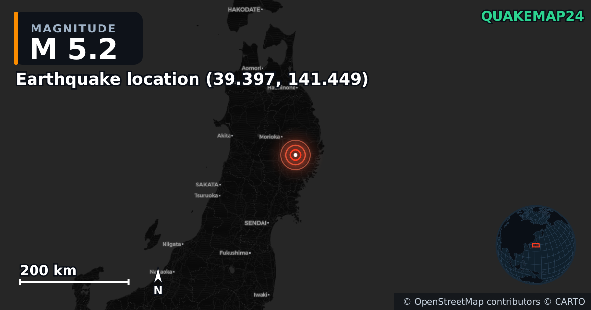 M5.2 earthquake near Deprem konumu (39.397, 141.449) on Nov 9, 2025 — map of epicenter and shaking intensity | QuakeMap24