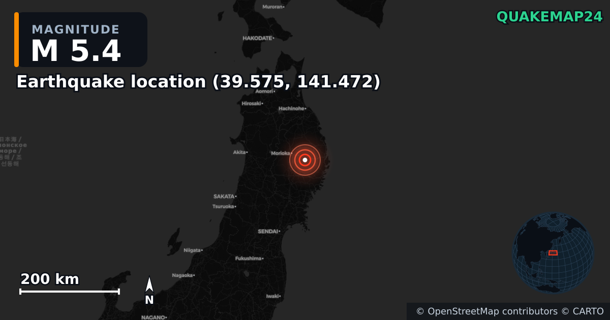 M5.4 earthquake near Deprem konumu (39.575, 141.472) on Nov 10, 2025 — map of epicenter and shaking intensity | QuakeMap24