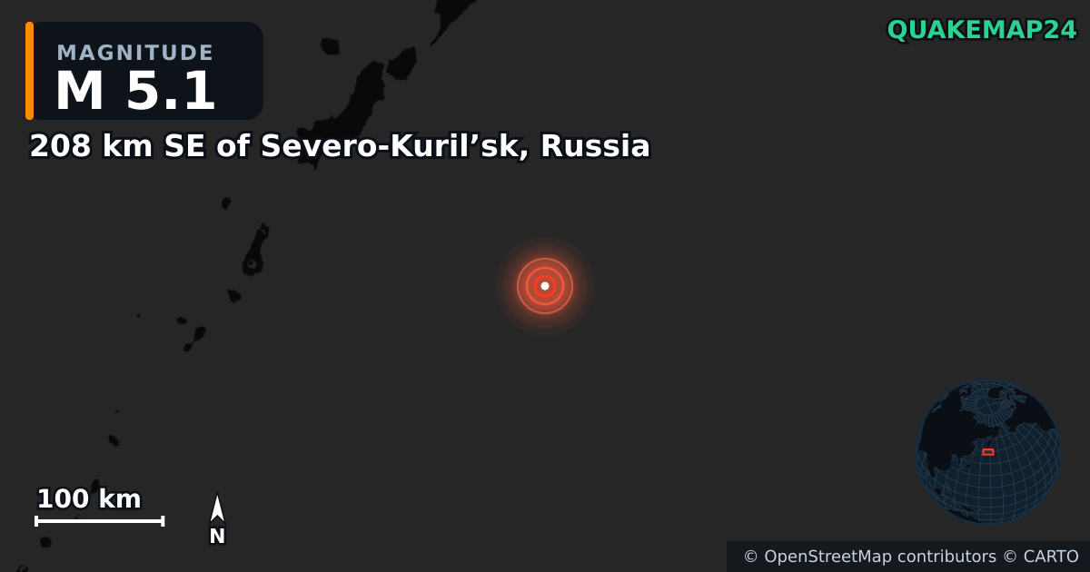 M5.1 earthquake near 208 km SE of Severo-Kuril’sk, Russia on Sep 27, 2025 — map of epicenter and shaking intensity | QuakeMap24